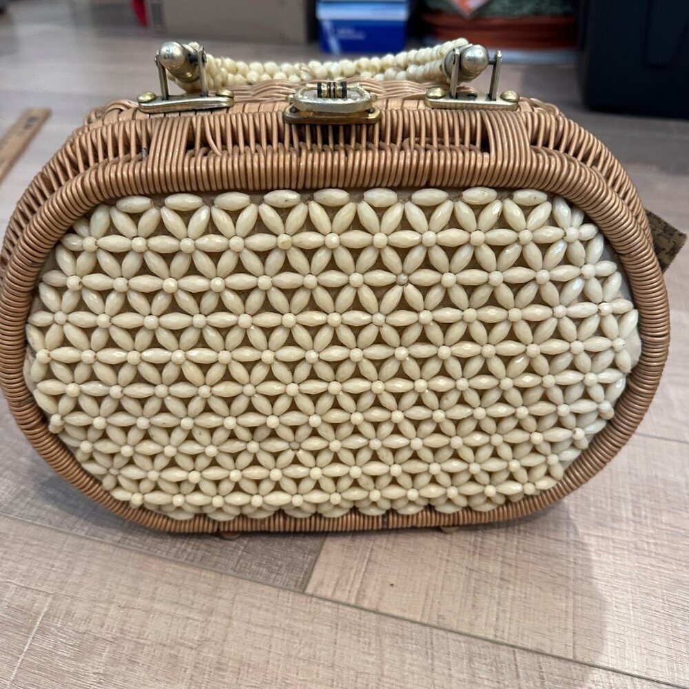 WOMENS VINTAGE BOHO BEADED PURSE BAG TAN